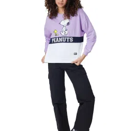 The Souled Store White & Purple Snoopy & Crew Print Pullover image 4