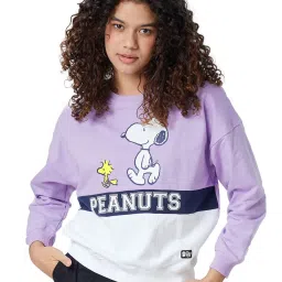 The Souled Store White & Purple Snoopy & Crew Print Pullover image 1