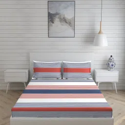 Boutique Living Stripe Tease Stripes Navy Blue 160 TC Cotton King Bed Sheet with 2 Pillow Covers image 2