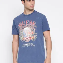 Guess Resort Organic Cotton Pennant Blue Graphic Round Neck Regular Fit T-Shirt-picture-19
