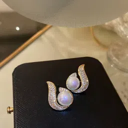 Aurum & You Silver Artificial Stones Studded And Pearls Beaded Paisley Shaped Studs image 2