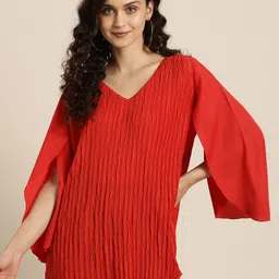 Qurvii Women Red Crepe Cape Sleeves Pleated Cape Top-picture-32