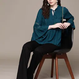 aarke Ritu Kumar Striped Tie-Up Neck Bell Sleeves Longline Top-picture-56