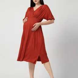 Zelena Cotton Maternity Zipless Feeding Dress - Rust-image-42