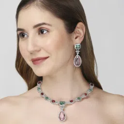 OOMPH Green & Pink American Diamond Necklace Set - Delicate Look - Party-Wear-picture-12