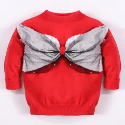 Kookie Kids Full Sleeves Pullover Sweater with Bow Applique - Red-image-83