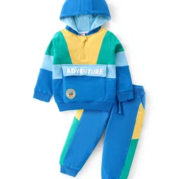 Babyhug Cotton Knit Full Sleeves Hooded Front Zipper Color Block T-Shirt & Lounge Pants Set - Blue-picture-16