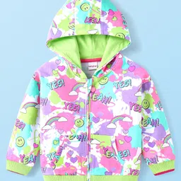 Babyhug Cotton Knit Full Sleeves Hooded Sweatjacket with Text & Rainbow Theme Print - Blue Pink & Green-picture-29