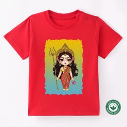 BLUSHES Durga Puja Theme 100% Cotton Half Sleeves Durga Maa Printed Tee - Red-picture-38