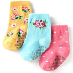 Cute Walk by Babyhug Knit Ankle Length Antibacterial Anti Skid Socks with Polka Dots & Floral Design Pack of 3 - Pink Light Blue & Yellow-image-59