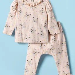 ToffyHouse Cotton Knit Full Sleeves Co-Ord Night Suit With Butterfly & Floral Print - Peach-image-77