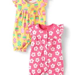 Babyhug Interlock Knit Frill Sleeves Romper With Floral & Tropical Print Pack of 2 - Pink & Yellow-picture-11