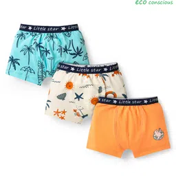 Babyoye Cotton Elastane Knit Trunks With Tree & Star Fish Print Pack Of 3 - Orange Light Blue & Cream-picture-26