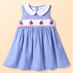 Babyhug Cotton Woven Sleeveless Peter Pan Collared Frock with Stripes & Ship Embroidery - Blue-picture-28
