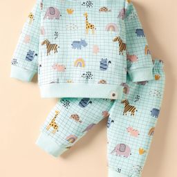Ollypop Fleece Knit Full Sleeves Animal Printed Checks Co-Ords Winter Night Suit - Light Blue-picture-30
