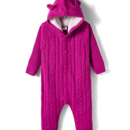 Babyhug Knit Full Sleeves Hooded Winter Wear Romper - Dark Pink-picture-10