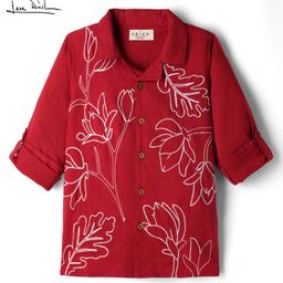 arias by lara dutta Arias Cotton Woven Full Sleeves Shirt with Floral Embroidery - Rust Orange-picture-19