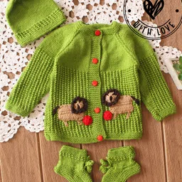Woonie Hand Knit Full Sleeves Lion Applique Detailed Crochet Sweater With Cap & Booties - Green-image-44