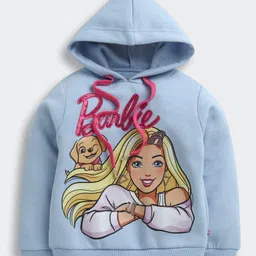 Barbie by Tiny Girl Woven Mattel Featuring Full Sleeves Character Printed Light Winter Hooded Sweatshirt - Powder Blue-picture-17