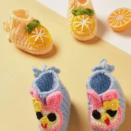 MayRa Knits Handknitted Pack Of 2 Bunny & Orange Applique Detailed Booties - Blue & Cream-picture-19
