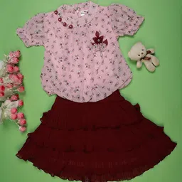 V-Mart Girls Floral Printed Round Neck Chiffon Top With Skirt-image-87