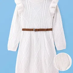 Hola Bonita Knitted Full Sleeves Winter Frock with Cable Knit Design- White image 2
