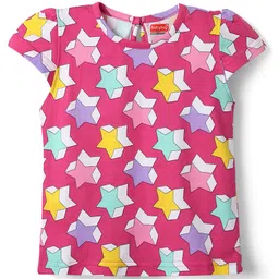 Babyhug Cotton Knit Cap Sleeves Capri Night Suit With Stars Print - Pink image 2