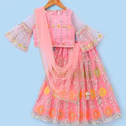 Babyhug Half Sleeves Embroidered Choli with Embroidered Lehenga and Dupatta Set- Peach image 4