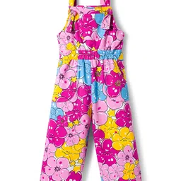 OLLINGTON ST. Cotton Floral Printed Knit Dungaree & Half Sleeves Inner Rib Top - Multicolor & Dark Pink image 5