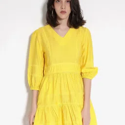 RAREISM Yellow Blended Solid Three-Quarter Sleeves Dress image 1
