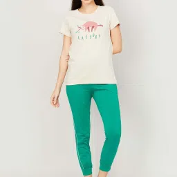 Ginger by Lifestyle Beige & Green Cotton Printed T-Shirt Pant Set image 1