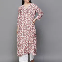 Melange by Lifestyle White & Pink Floral Print Straight Kurta image 1