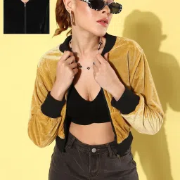Anvi Be Yourself Yellow & Black Regular Fit Reversible Cropped Jacket image 1