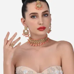 Zaveri Pearls Peach Beads Ethnic Choker Necklace Earring Maangtikka & Ring Set-ZPFK13071-picture-43