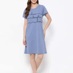 Clovia Blue Cotton Printed Night Dress image 1