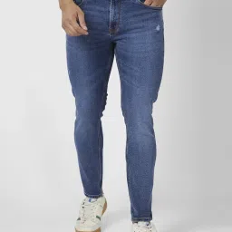 Spykar Mid Blue Cotton Slim Fit Distressed Jeans image 1