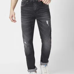 Spykar Carbon Black Cotton Regular Fit Distressed Jeans image 1
