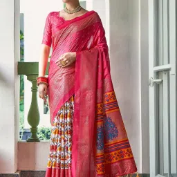 Satrani Pink Printed Saree With Unstitched Blouse image 1
