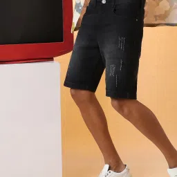 Campus Sutra Black Regular Fit Distressed Denim Shorts image 1