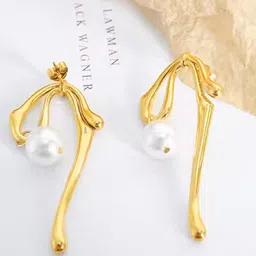 SHARLEEZ Stainless Steel Gold-Plated Artificial Beads Beaded Contemporary Drop Earrings-image-10