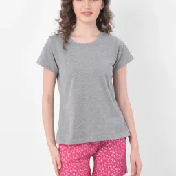 Clovia Grey & Pink Cotton T-Shirt & Shorts Set-picture-38