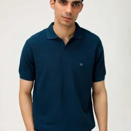 ANDAMEN Navy Regular Fit Textured Polo T-Shirt image 1