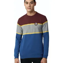 Peter England Jeans Blue & Brown Slim Fit Colour Block Sweatshirt-image-20