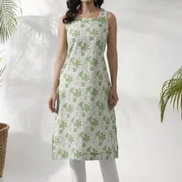 W White Cotton Floral Print A Line Kurta image 1