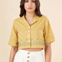 Akkriti by Pantaloons Yellow Embroidered Cropped Shirt image 1