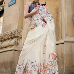 Elora Cream Printed Saree With Unstitched Blouse image 1