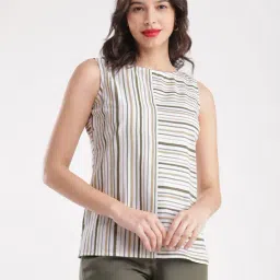 Fablestreet White & Olive Linen Striped Top-image-46