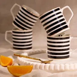 Golden Queens Black & White Ceramic Abstract Monochrome Stripes Tea Cups - Set of 6 (200 ml) image 1