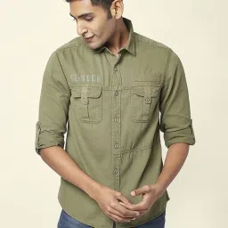 People by Pantaloons Olive Cotton Slim Fit Printed Shirt image 1