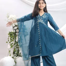 Misbis Girls Steel Blue Comfort Fit Embroidered Kurta Set image 1